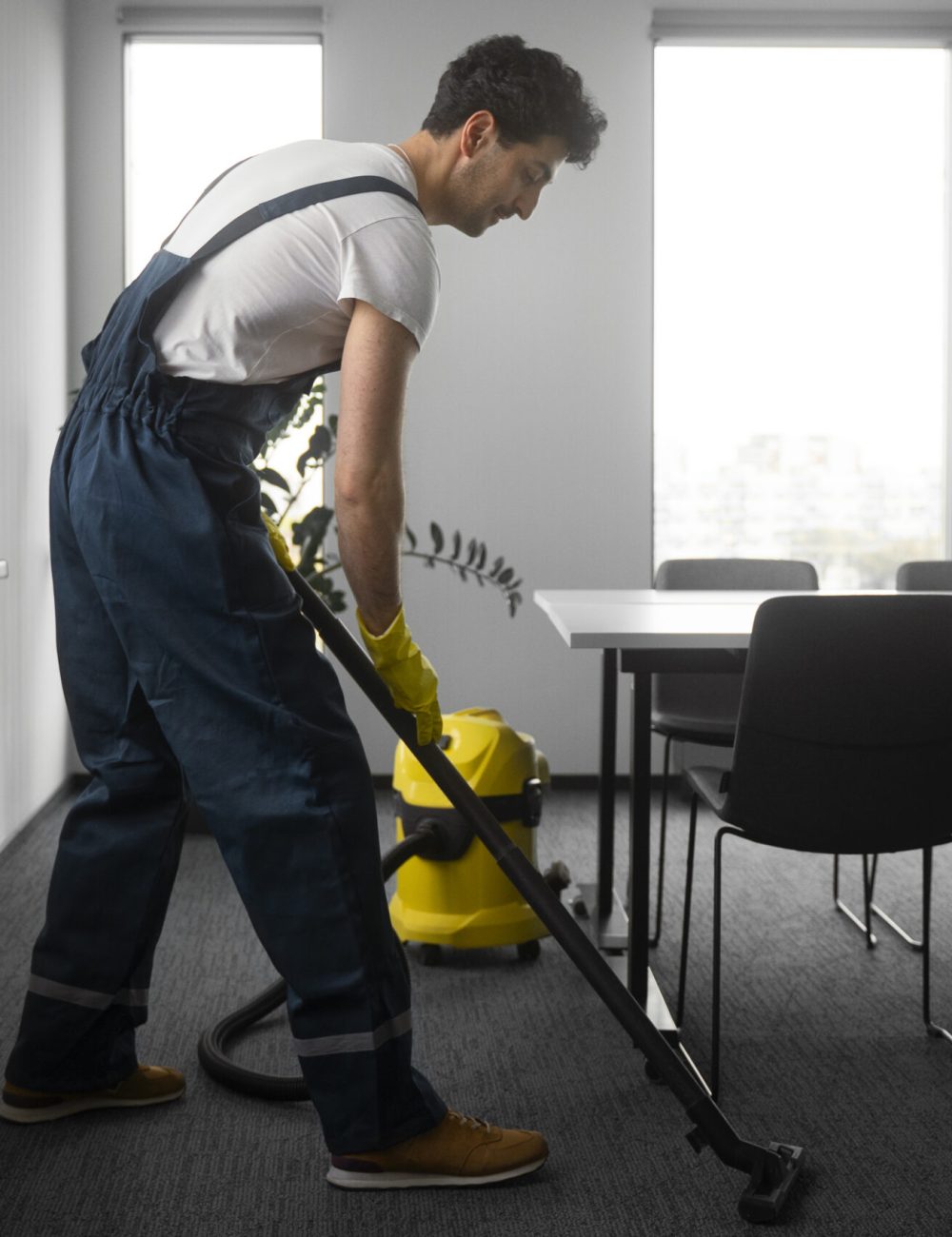 Full shot man cleaning indoors