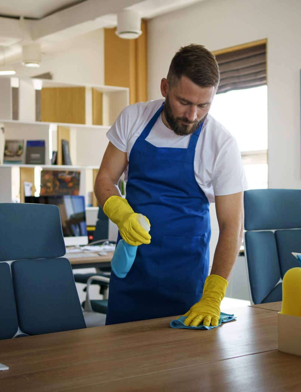 Professional cleaning service person cleaning office